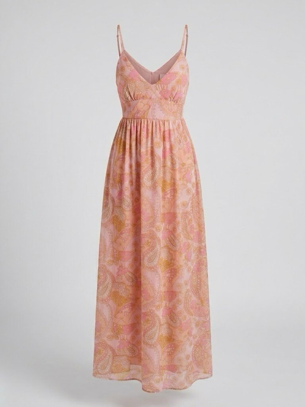 NEW Liberty Love Vintage 70s Floral Maxi Dress Orange Pink LARGE V-neck Chiffon